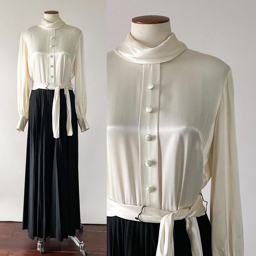 Vintage 70s White Satin Blouse Black Accordion Pleated Wide Leg Palazzo Pants M